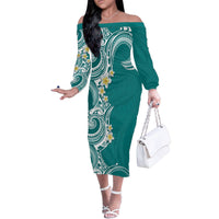 Aloha Polynesian Plumeria Flower Family Matching Off The Shoulder Long Sleeve Dress and Hawaiian Shirt Teal Color LT03 Mom's Dress Teal - Polynesian Pride
