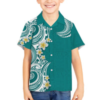 Aloha Polynesian Plumeria Flower Family Matching Off The Shoulder Long Sleeve Dress and Hawaiian Shirt Teal Color LT03 Son's Shirt Teal - Polynesian Pride