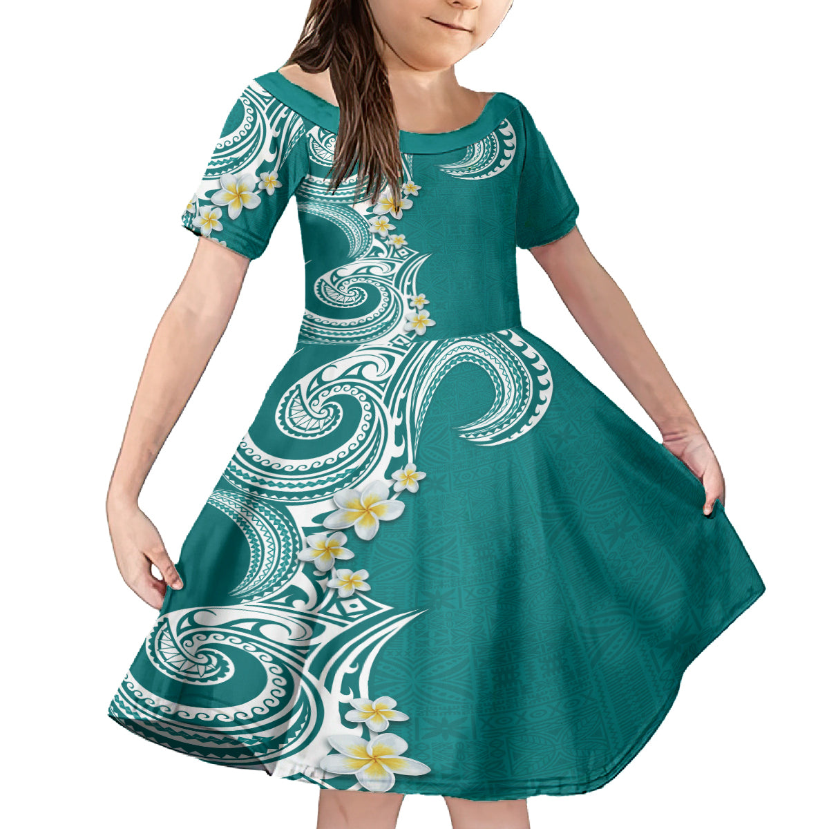 Aloha Polynesian Plumeria Flower Family Matching Off Shoulder Maxi Dress and Hawaiian Shirt Teal Color LT03 Daughter's Dress Teal - Polynesian Pride