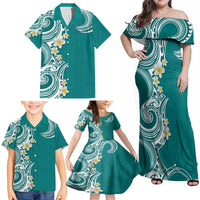 Aloha Polynesian Plumeria Flower Family Matching Off Shoulder Maxi Dress and Hawaiian Shirt Teal Color LT03 - Polynesian Pride