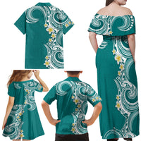 Aloha Polynesian Plumeria Flower Family Matching Off Shoulder Maxi Dress and Hawaiian Shirt Teal Color LT03 - Polynesian Pride