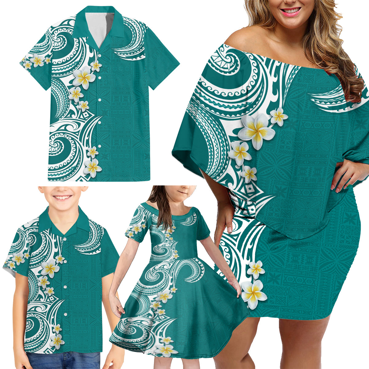 Aloha Polynesian Plumeria Flower Family Matching Off Shoulder Short Dress and Hawaiian Shirt Teal Color LT03 - Polynesian Pride