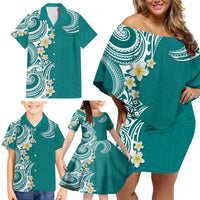 Aloha Polynesian Plumeria Flower Family Matching Off Shoulder Short Dress and Hawaiian Shirt Teal Color LT03 - Polynesian Pride