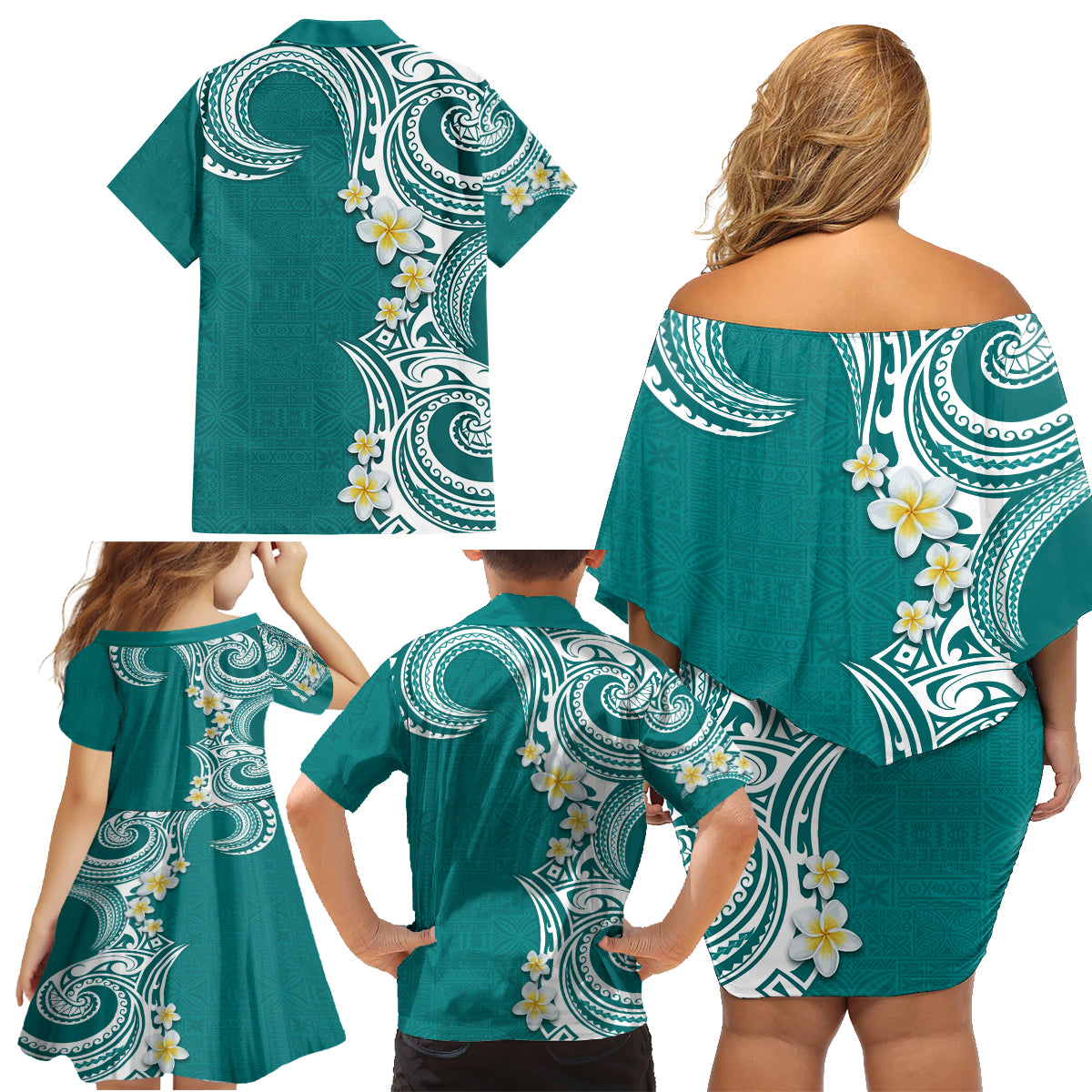 Aloha Polynesian Plumeria Flower Family Matching Off Shoulder Short Dress and Hawaiian Shirt Teal Color LT03 - Polynesian Pride