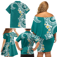 Aloha Polynesian Plumeria Flower Family Matching Off Shoulder Short Dress and Hawaiian Shirt Teal Color LT03 - Polynesian Pride