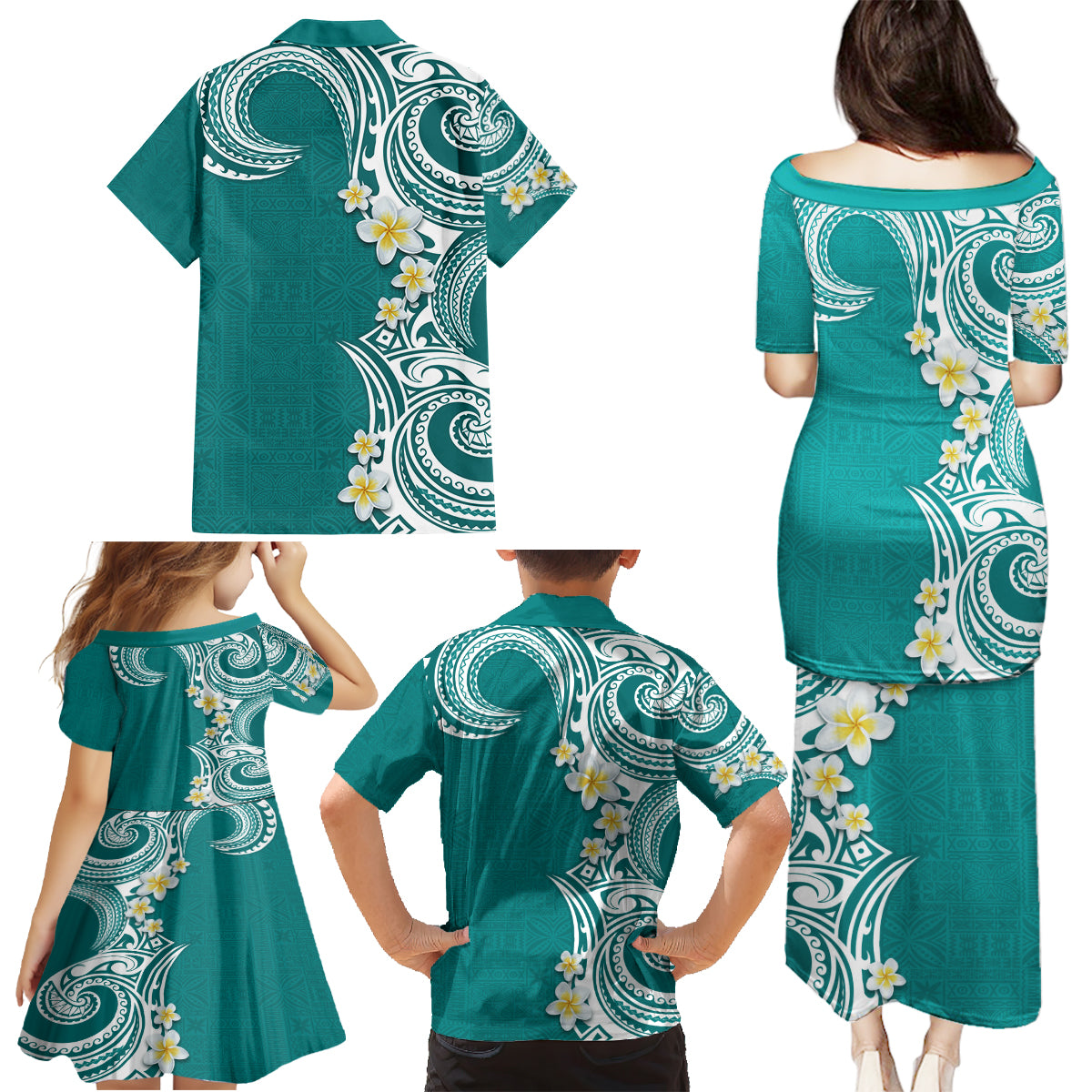 Aloha Polynesian Plumeria Flower Family Matching Puletasi and Hawaiian Shirt Teal Color LT03 - Polynesian Pride