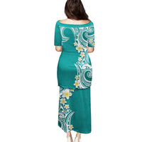 Aloha Polynesian Plumeria Flower Family Matching Puletasi and Hawaiian Shirt Teal Color LT03 - Polynesian Pride