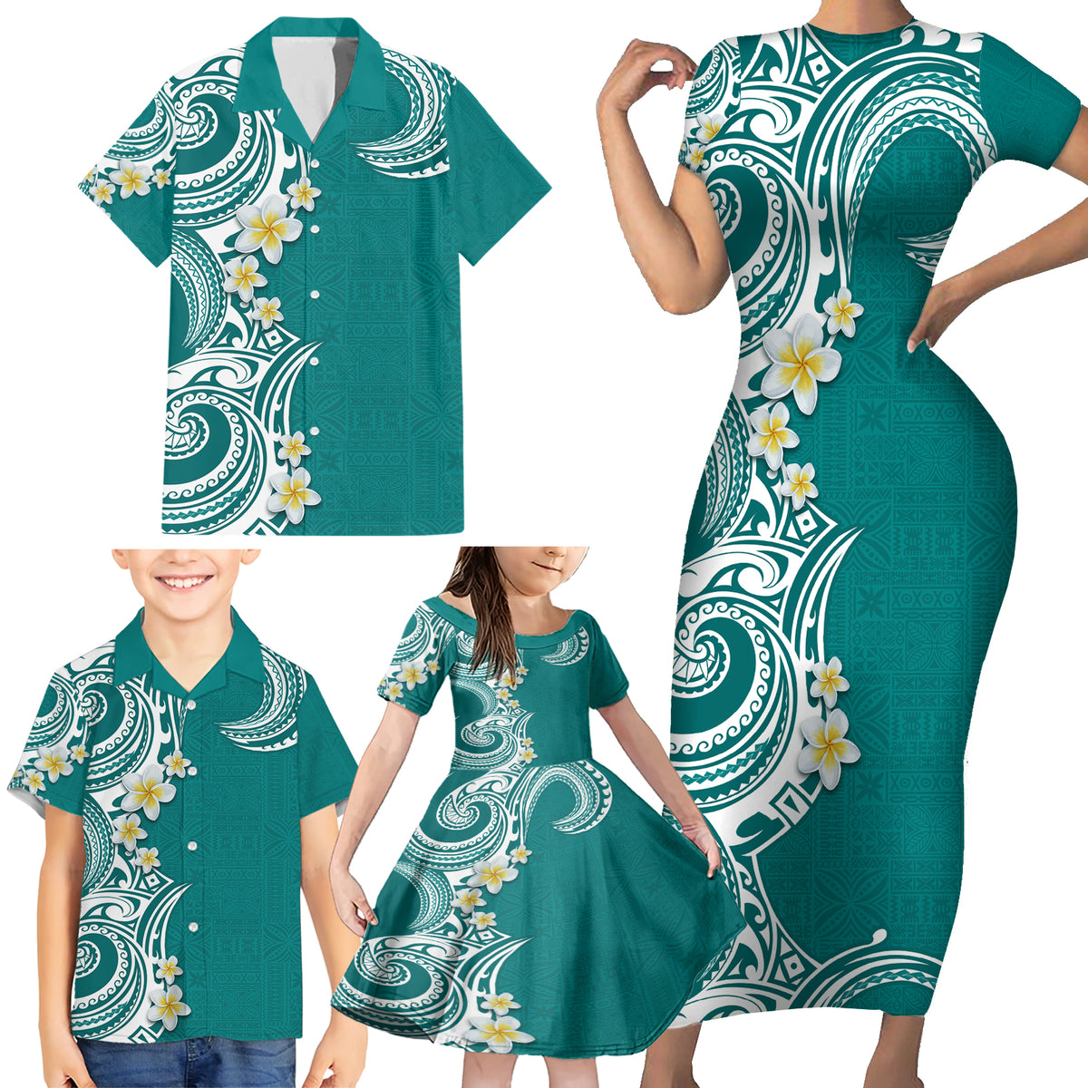 Aloha Polynesian Plumeria Flower Family Matching Short Sleeve Bodycon Dress and Hawaiian Shirt Teal Color LT03 - Polynesian Pride