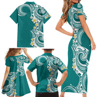 Aloha Polynesian Plumeria Flower Family Matching Short Sleeve Bodycon Dress and Hawaiian Shirt Teal Color LT03 - Polynesian Pride