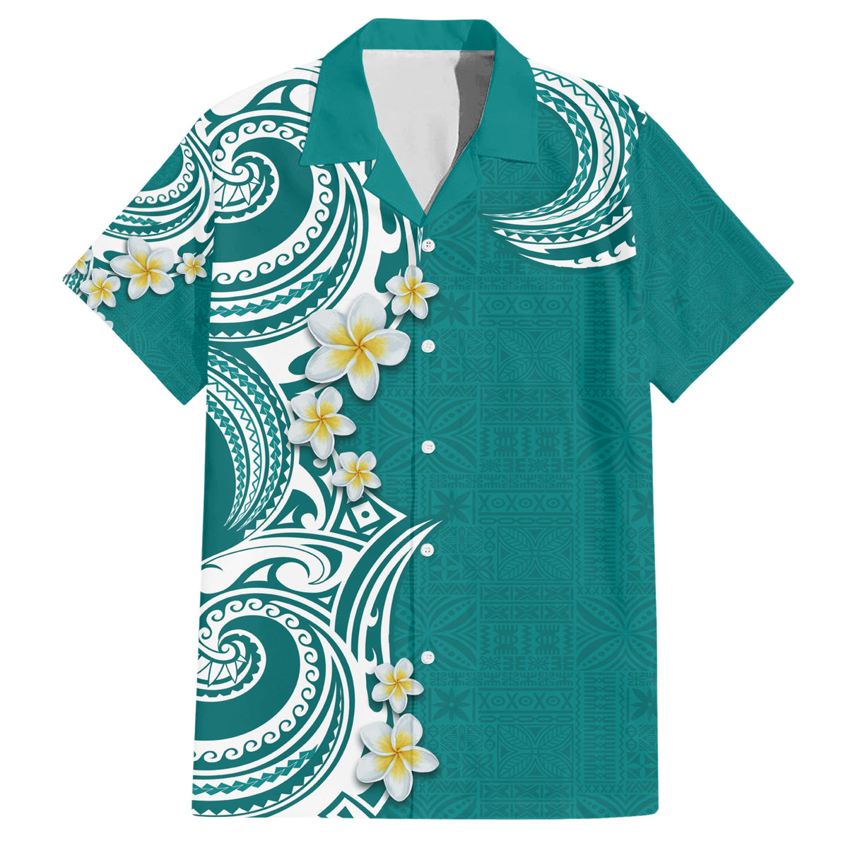 Aloha Polynesian Plumeria Flower Family Matching Short Sleeve Bodycon Dress and Hawaiian Shirt Teal Color LT03 Dad's Shirt - Short Sleeve Teal - Polynesian Pride