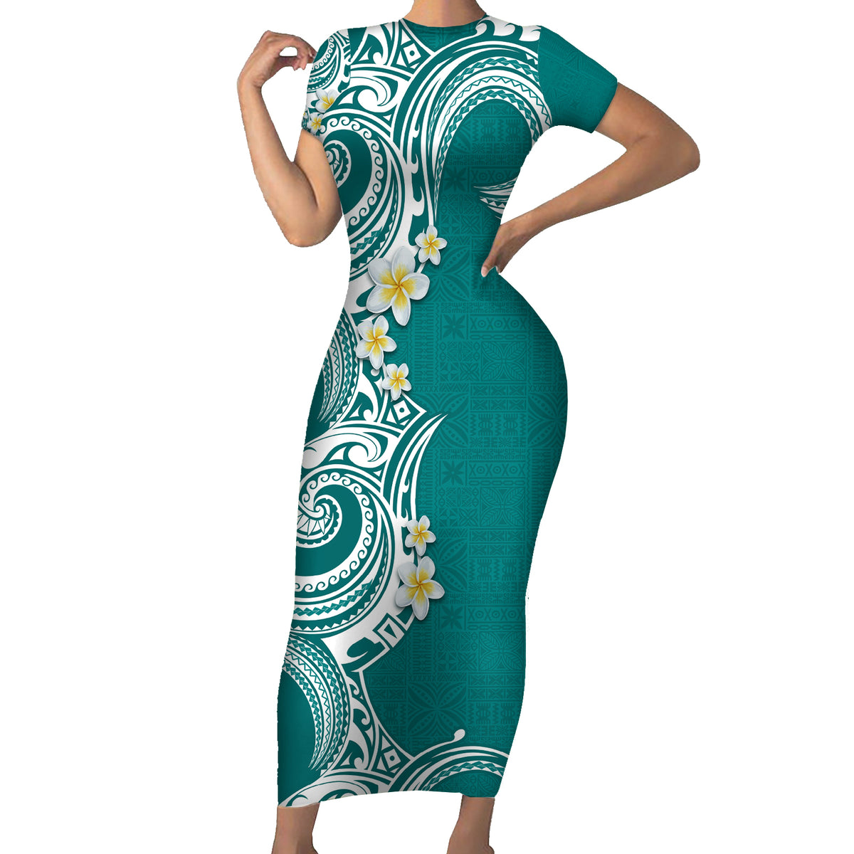 Aloha Polynesian Plumeria Flower Family Matching Short Sleeve Bodycon Dress and Hawaiian Shirt Teal Color LT03 Mom's Dress Teal - Polynesian Pride