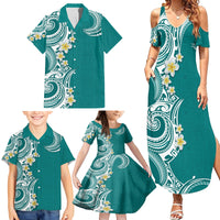 Aloha Polynesian Plumeria Flower Family Matching Summer Maxi Dress and Hawaiian Shirt Teal Color LT03 - Polynesian Pride