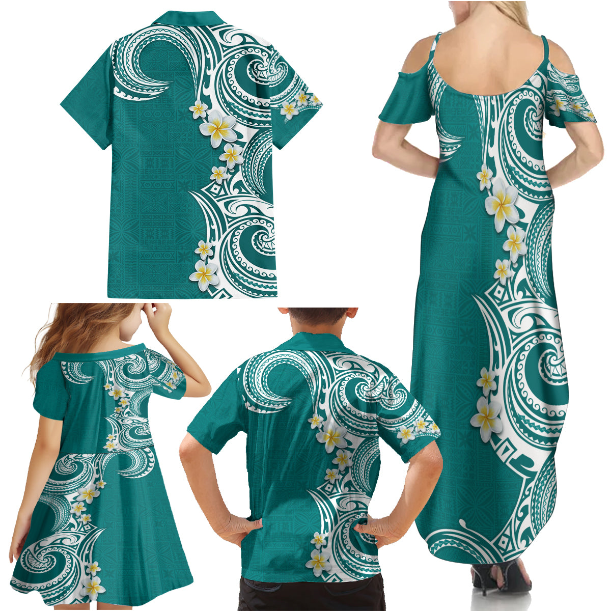 Aloha Polynesian Plumeria Flower Family Matching Summer Maxi Dress and Hawaiian Shirt Teal Color LT03 - Polynesian Pride