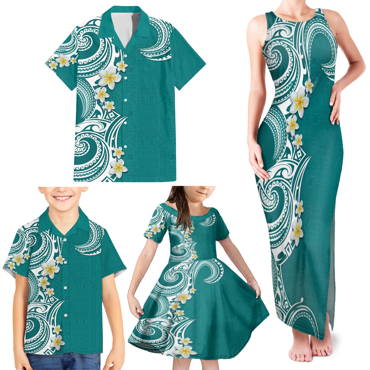 Aloha Polynesian Plumeria Flower Family Matching Tank Maxi Dress and Hawaiian Shirt Teal Color LT03 - Polynesian Pride