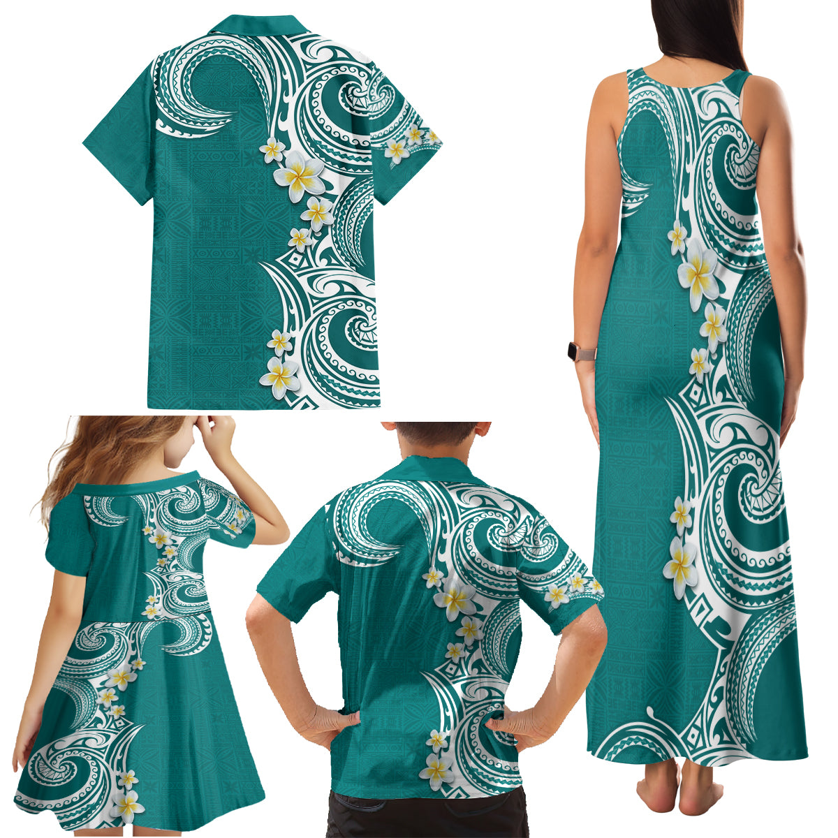 Aloha Polynesian Plumeria Flower Family Matching Tank Maxi Dress and Hawaiian Shirt Teal Color LT03 - Polynesian Pride