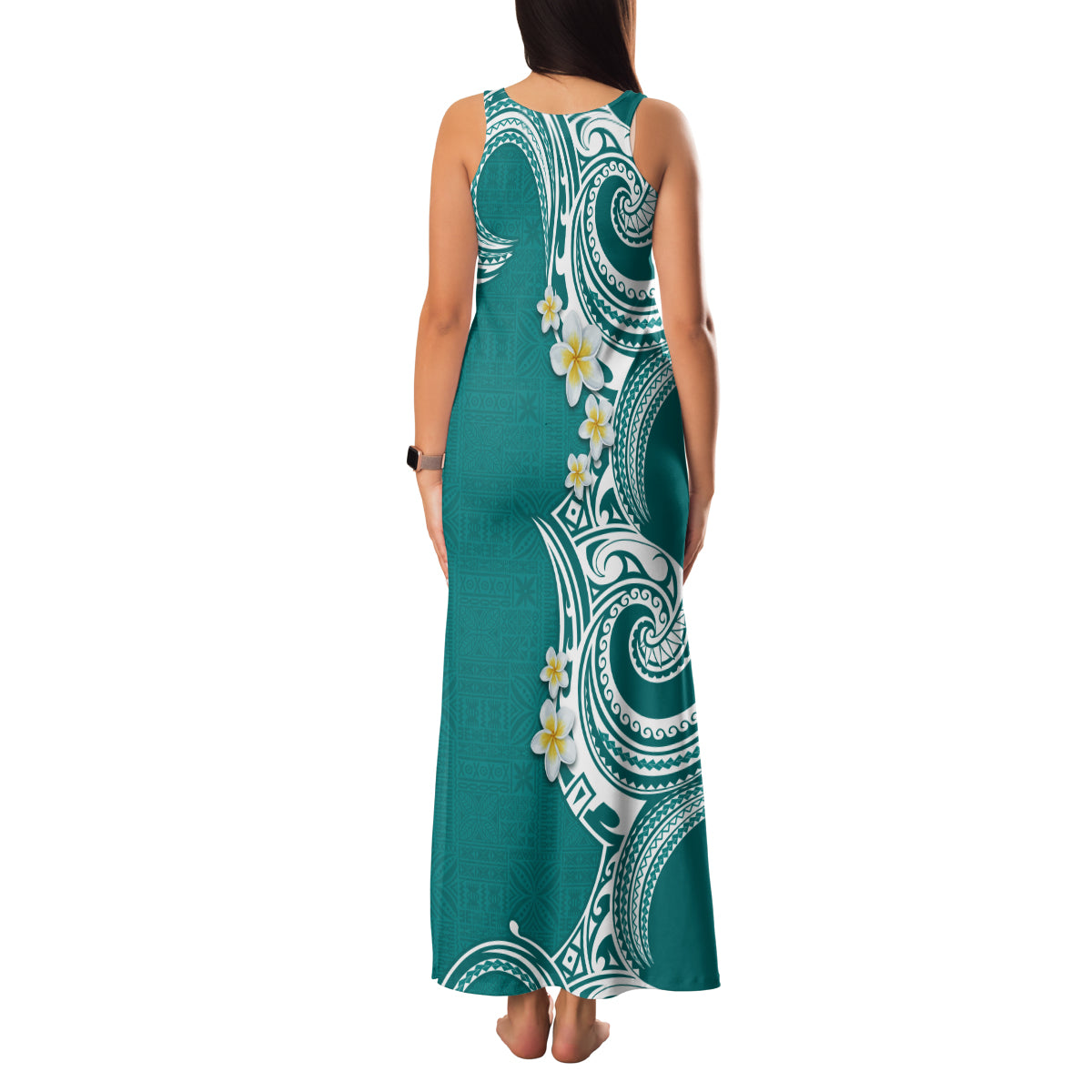 Aloha Polynesian Plumeria Flower Family Matching Tank Maxi Dress and Hawaiian Shirt Teal Color LT03 - Polynesian Pride