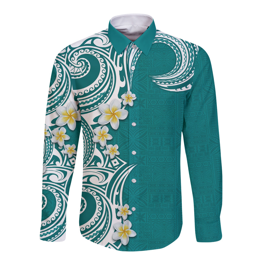 Aloha Polynesian Plumeria Flower Long Sleeve Button Shirt Teal Color LT03 Unisex Teal - Polynesian Pride