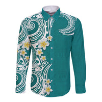 Aloha Polynesian Plumeria Flower Long Sleeve Button Shirt Teal Color LT03 Unisex Teal - Polynesian Pride
