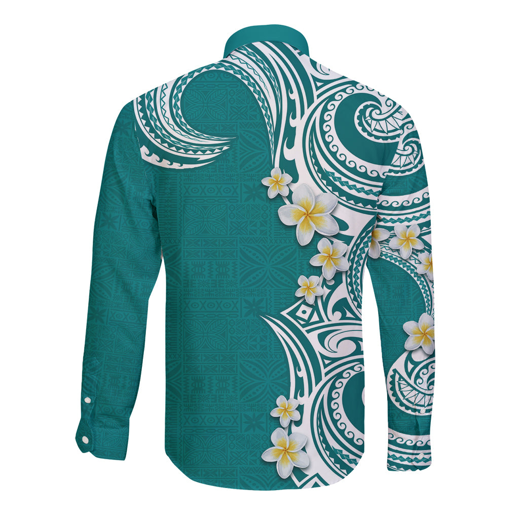 Aloha Polynesian Plumeria Flower Long Sleeve Button Shirt Teal Color LT03 - Polynesian Pride