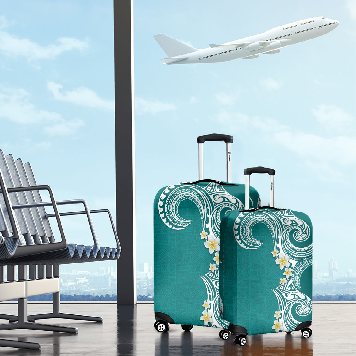 Aloha Polynesian Plumeria Flower Luggage Cover Teal Color LT03 - Polynesian Pride