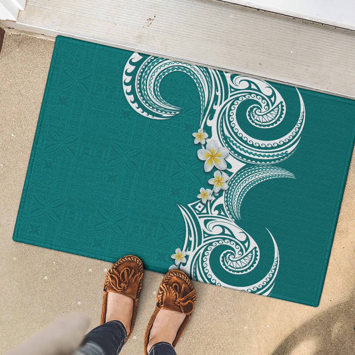 Aloha Polynesian Plumeria Flower Rubber Doormat Teal Color