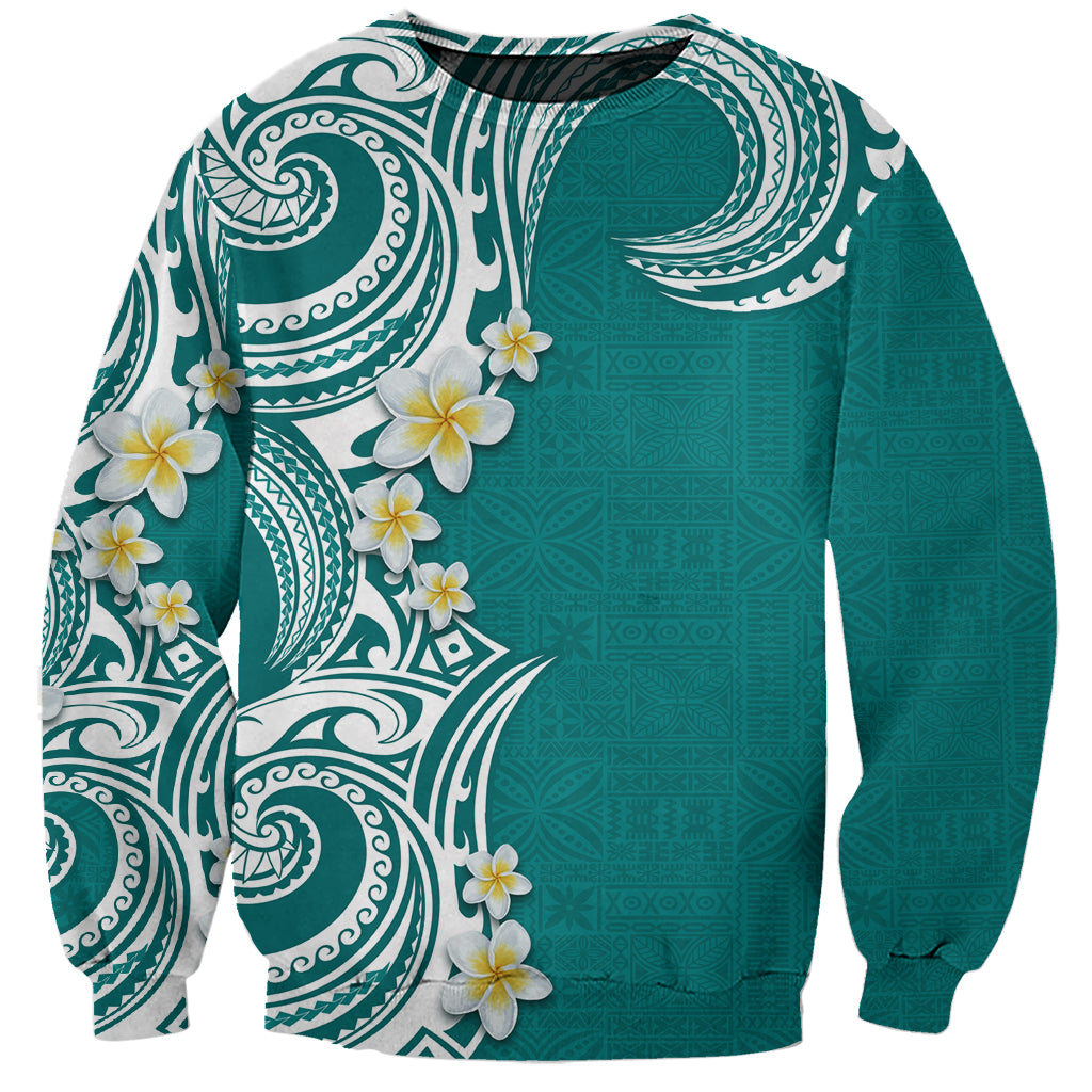 Aloha Polynesian Plumeria Flower Sweatshirt Teal Color