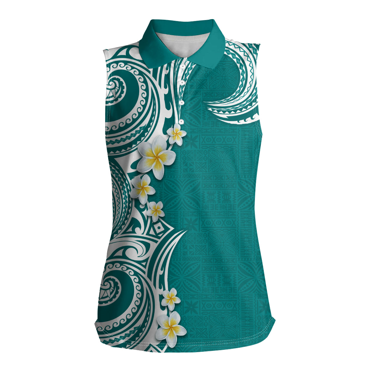 Aloha Polynesian Plumeria Flower Women Sleeveless Polo Shirt Teal Color