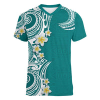 Aloha Polynesian Plumeria Flower Women V-Neck T-Shirt Teal Color