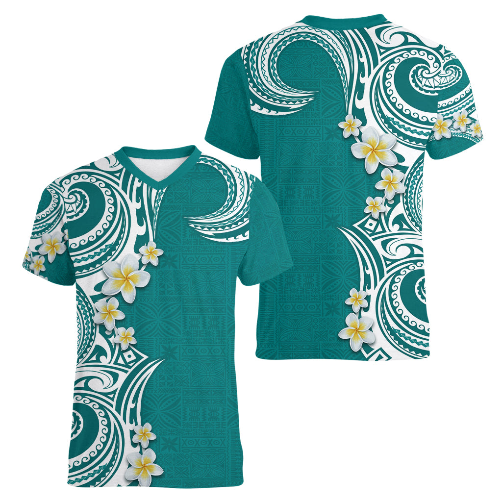 Aloha Polynesian Plumeria Flower Women V-Neck T-Shirt Teal Color