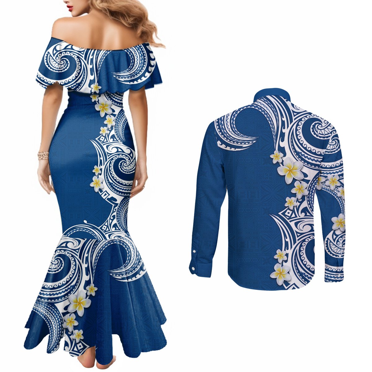 Aloha Polynesian Plumeria Flower Couples Matching Mermaid Dress and Long Sleeve Button Shirt Blue Color