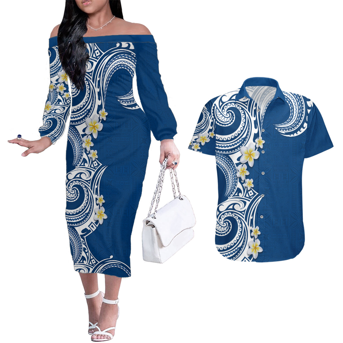 Aloha Polynesian Plumeria Flower Couples Matching Off The Shoulder Long Sleeve Dress and Hawaiian Shirt Blue Color LT03 Blue - Polynesian Pride