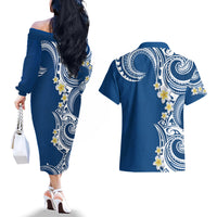 Aloha Polynesian Plumeria Flower Couples Matching Off The Shoulder Long Sleeve Dress and Hawaiian Shirt Blue Color LT03 - Polynesian Pride