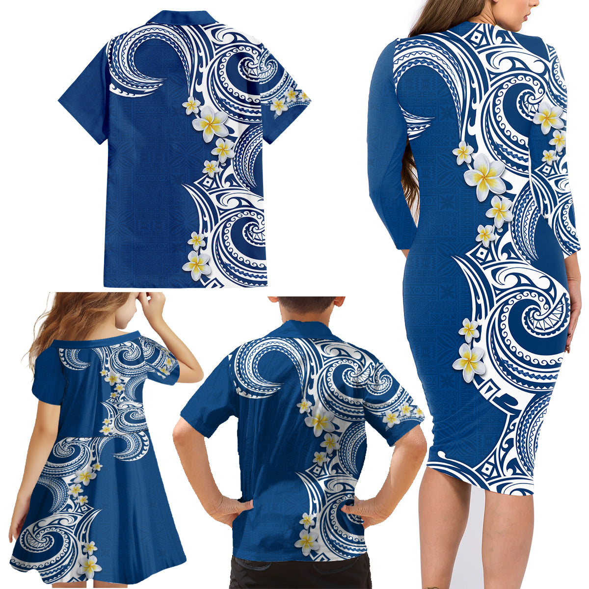 Aloha Polynesian Plumeria Flower Family Matching Long Sleeve Bodycon Dress and Hawaiian Shirt Blue Color LT03 - Polynesian Pride