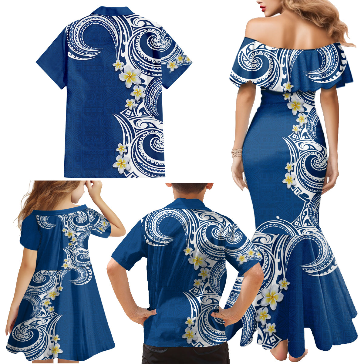 Aloha Polynesian Plumeria Flower Family Matching Mermaid Dress and Hawaiian Shirt Blue Color LT03 - Polynesian Pride