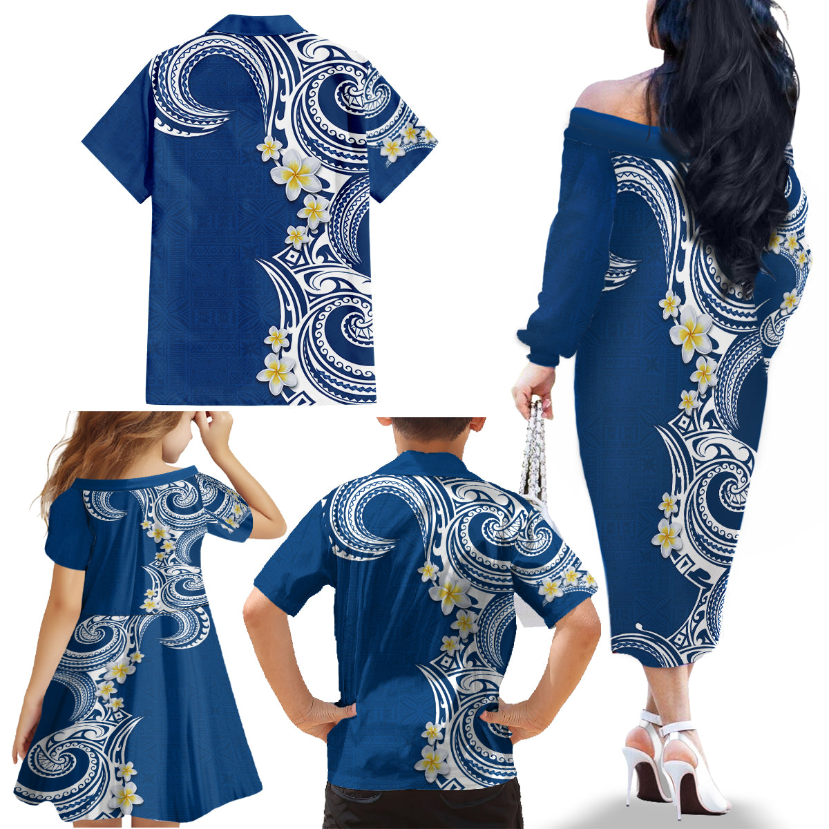 Aloha Polynesian Plumeria Flower Family Matching Off The Shoulder Long Sleeve Dress and Hawaiian Shirt Blue Color LT03 - Polynesian Pride