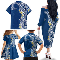 Aloha Polynesian Plumeria Flower Family Matching Off The Shoulder Long Sleeve Dress and Hawaiian Shirt Blue Color LT03 - Polynesian Pride