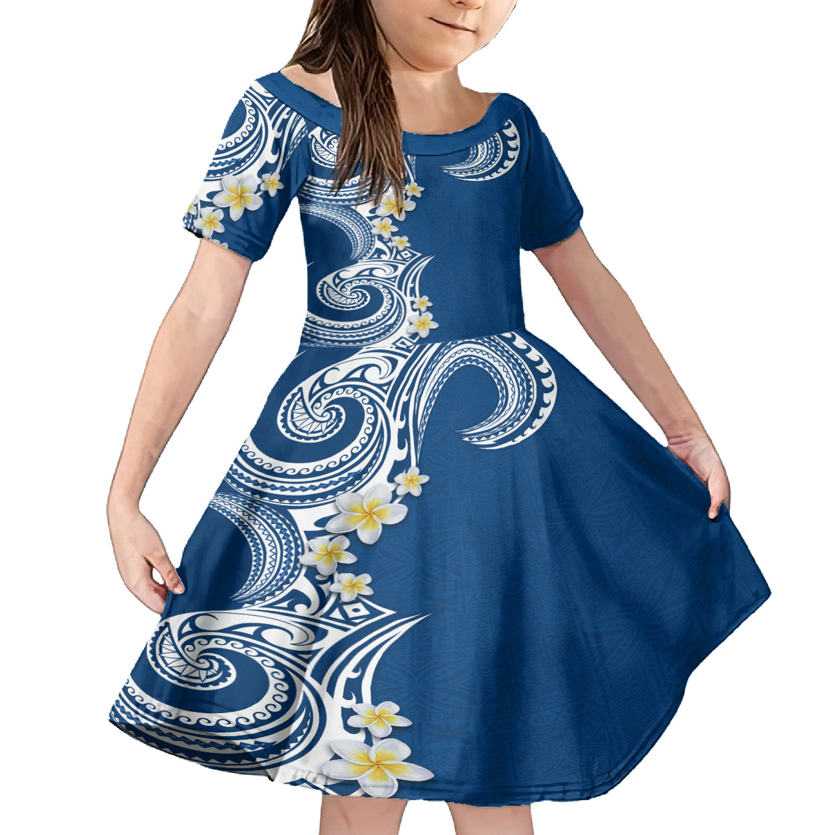 Aloha Polynesian Plumeria Flower Family Matching Off Shoulder Maxi Dress and Hawaiian Shirt Blue Color LT03 Daughter's Dress Blue - Polynesian Pride