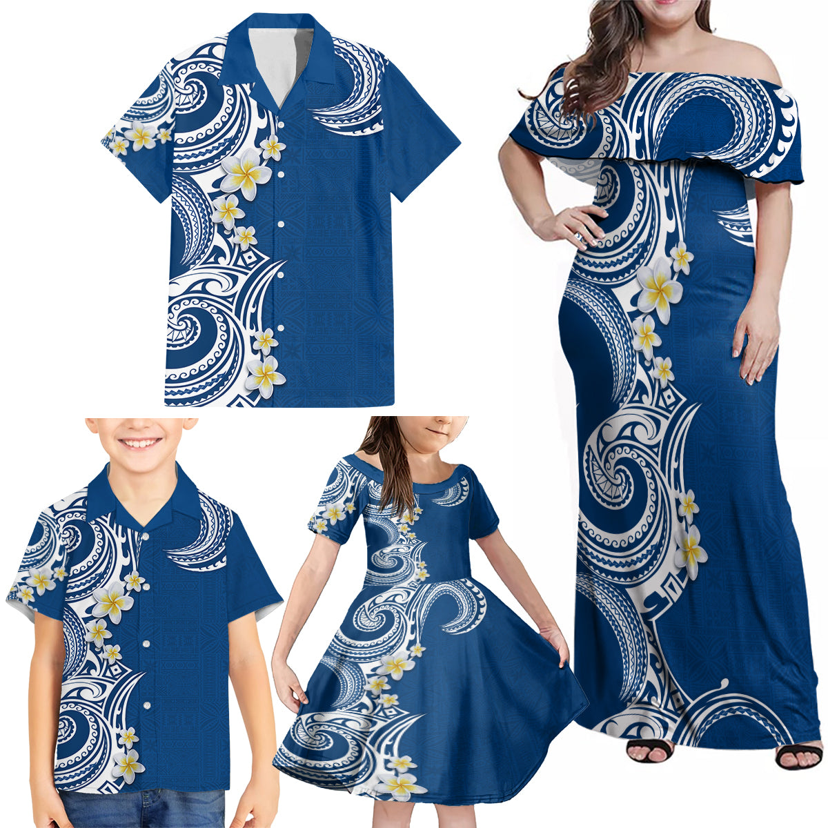 Aloha Polynesian Plumeria Flower Family Matching Off Shoulder Maxi Dress and Hawaiian Shirt Blue Color LT03 - Polynesian Pride