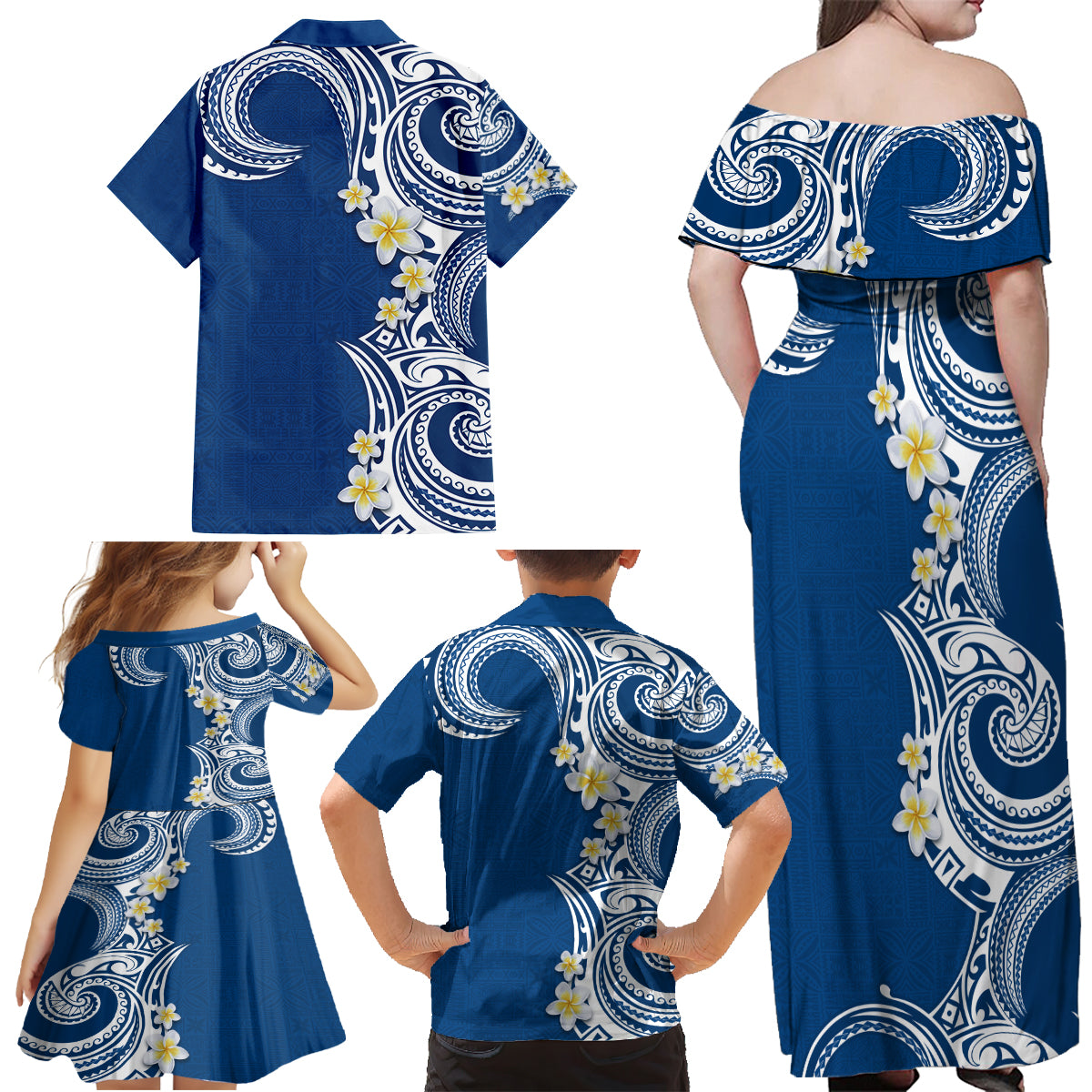 Aloha Polynesian Plumeria Flower Family Matching Off Shoulder Maxi Dress and Hawaiian Shirt Blue Color LT03 - Polynesian Pride