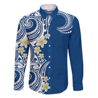 Aloha Polynesian Plumeria Flower Family Matching Off Shoulder Maxi Dress and Hawaiian Shirt Blue Color LT03 Dad's Shirt - Long Sleeve Blue - Polynesian Pride