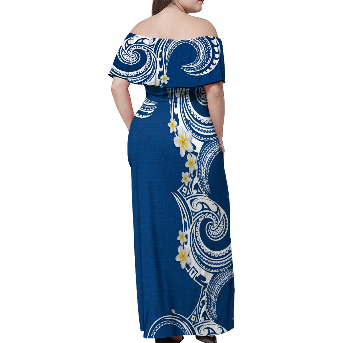 Aloha Polynesian Plumeria Flower Family Matching Off Shoulder Maxi Dress and Hawaiian Shirt Blue Color LT03 - Polynesian Pride