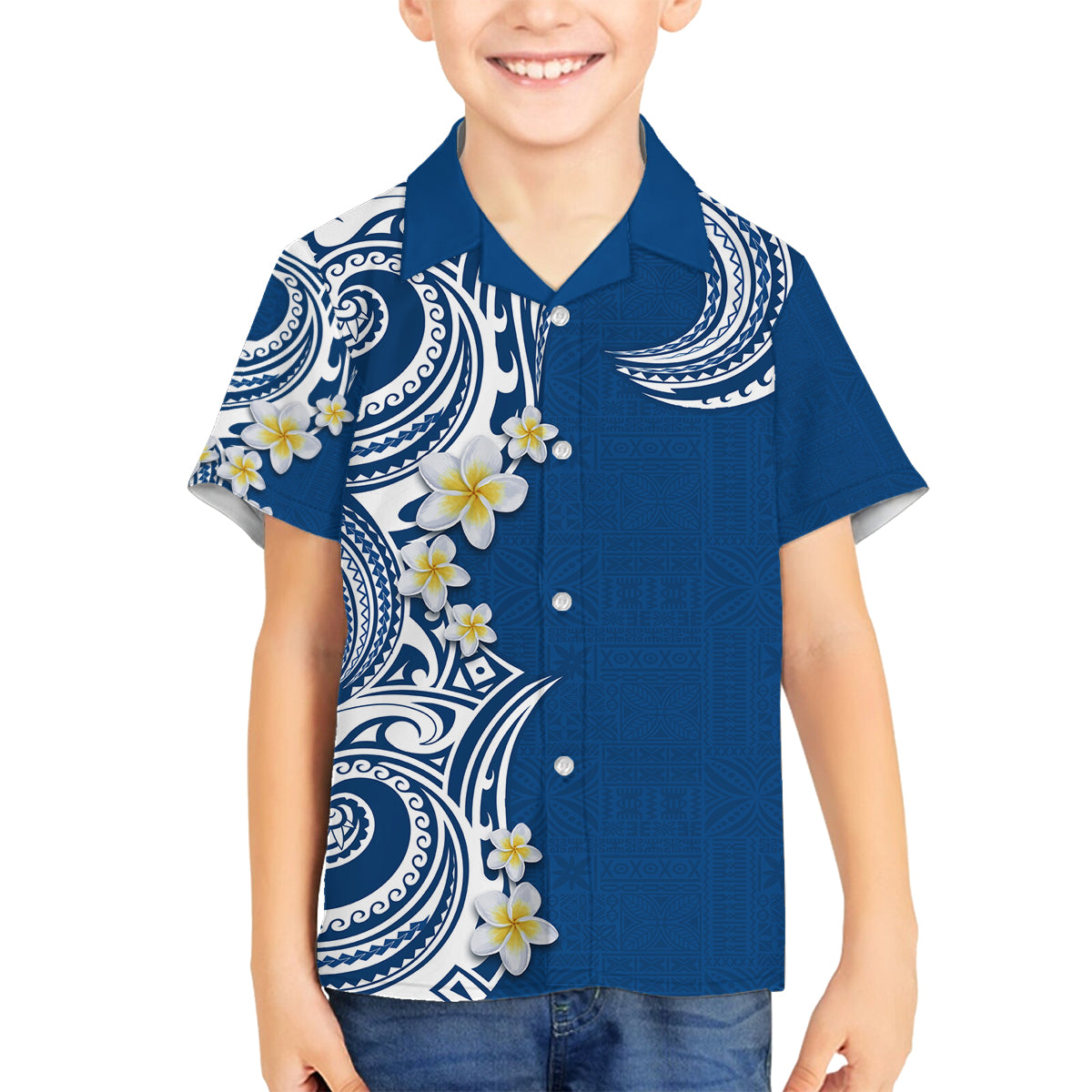 Aloha Polynesian Plumeria Flower Family Matching Off Shoulder Maxi Dress and Hawaiian Shirt Blue Color LT03 Son's Shirt Blue - Polynesian Pride