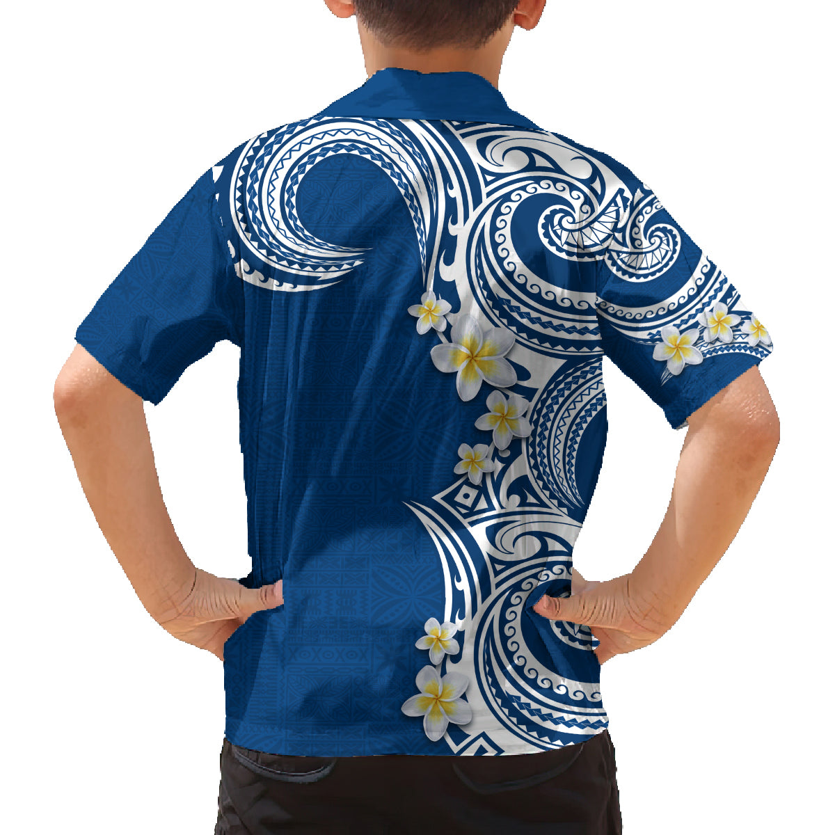 Aloha Polynesian Plumeria Flower Family Matching Off Shoulder Short Dress and Hawaiian Shirt Blue Color LT03 - Polynesian Pride