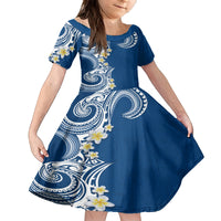 Aloha Polynesian Plumeria Flower Family Matching Off Shoulder Short Dress and Hawaiian Shirt Blue Color LT03 Daughter's Dress Blue - Polynesian Pride