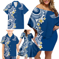 Aloha Polynesian Plumeria Flower Family Matching Off Shoulder Short Dress and Hawaiian Shirt Blue Color LT03 - Polynesian Pride