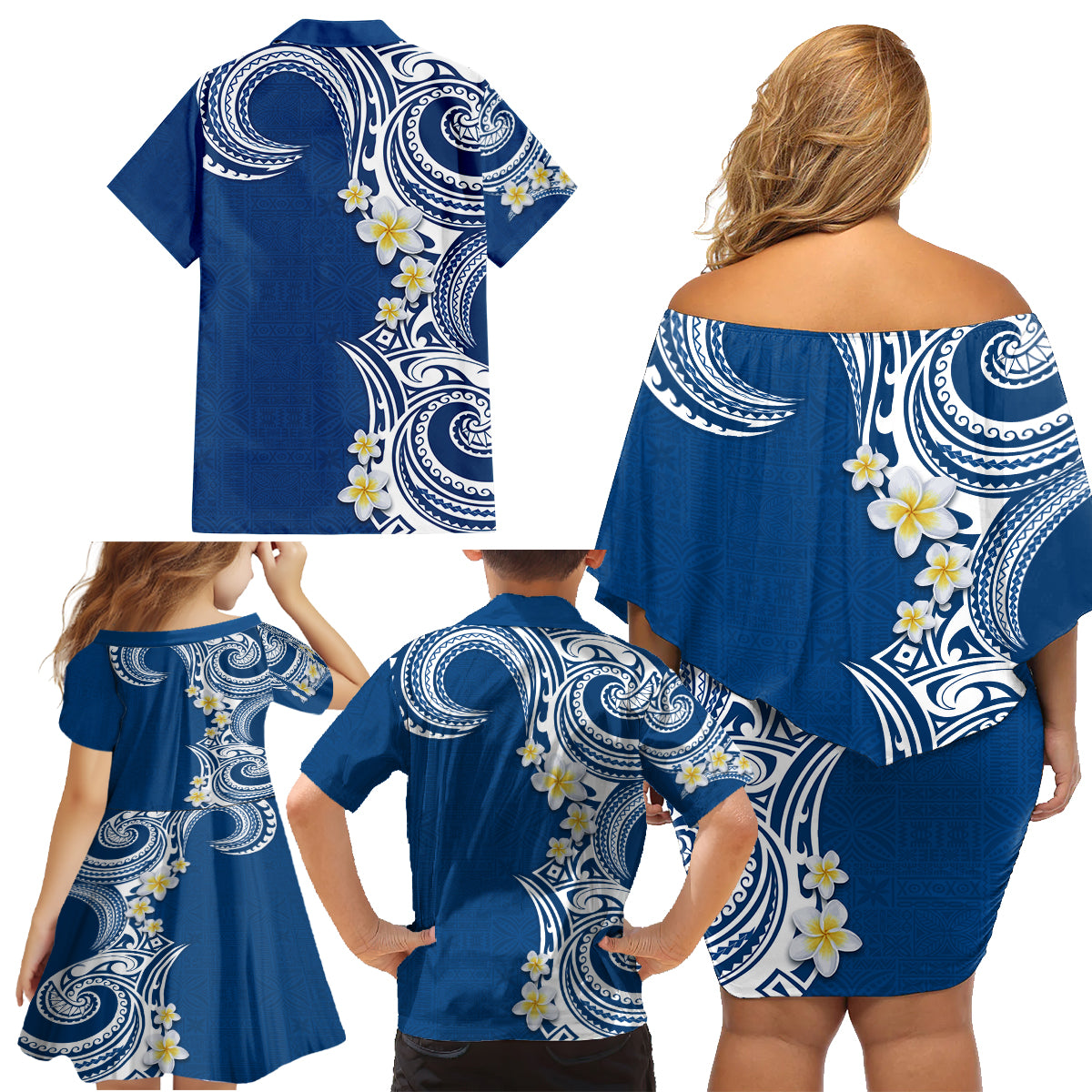Aloha Polynesian Plumeria Flower Family Matching Off Shoulder Short Dress and Hawaiian Shirt Blue Color LT03 - Polynesian Pride