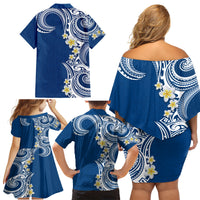Aloha Polynesian Plumeria Flower Family Matching Off Shoulder Short Dress and Hawaiian Shirt Blue Color LT03 - Polynesian Pride