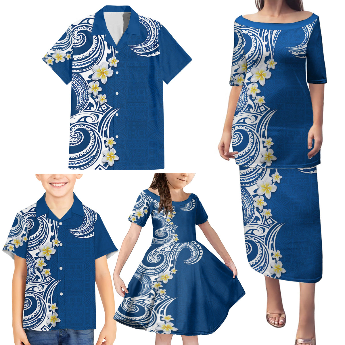 Aloha Polynesian Plumeria Flower Family Matching Puletasi and Hawaiian Shirt Blue Color LT03 - Polynesian Pride