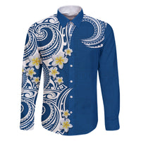 Aloha Polynesian Plumeria Flower Family Matching Puletasi and Hawaiian Shirt Blue Color LT03 Dad's Shirt - Long Sleeve Blue - Polynesian Pride