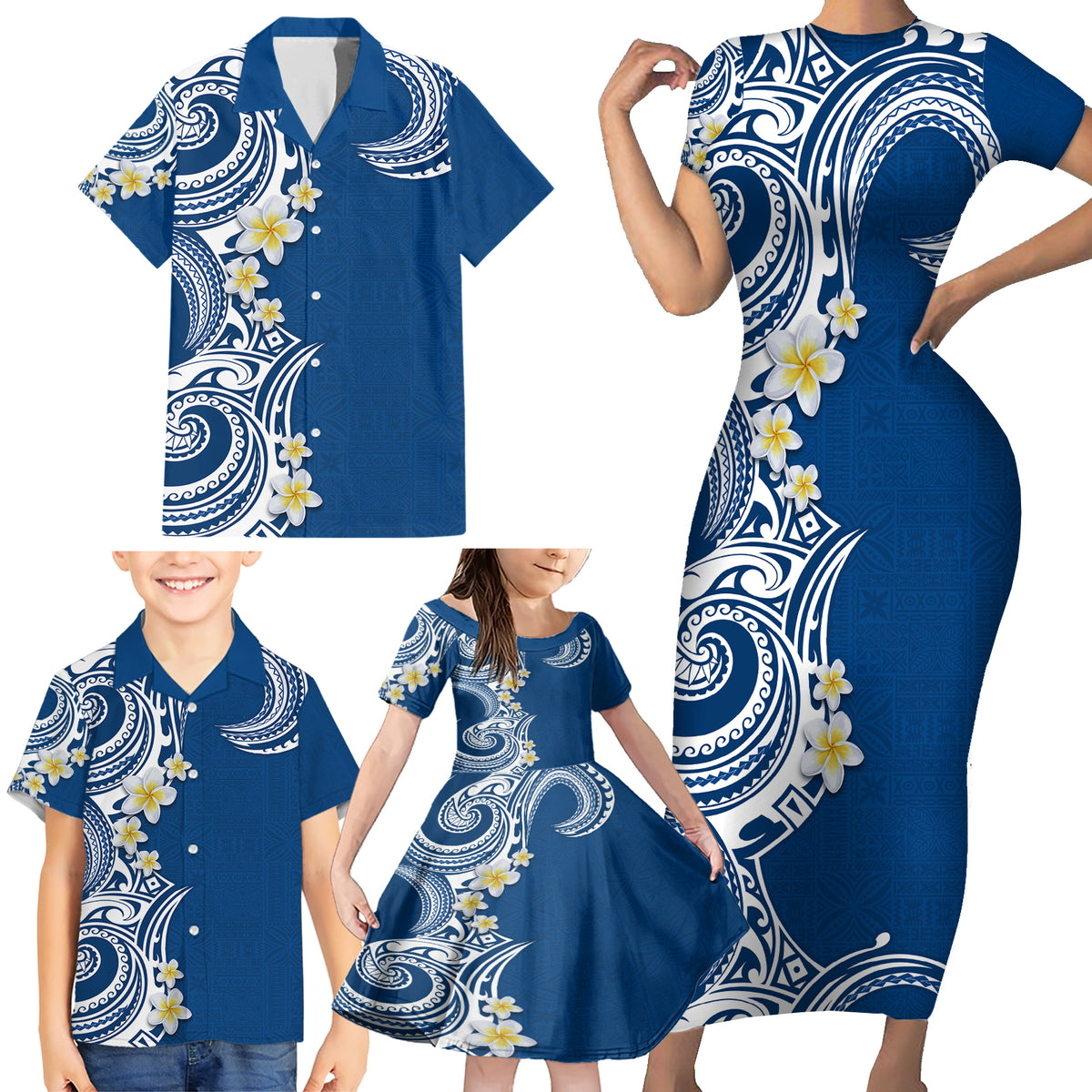 Aloha Polynesian Plumeria Flower Family Matching Short Sleeve Bodycon Dress and Hawaiian Shirt Blue Color LT03 - Polynesian Pride